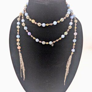 Blue Sodalite Silver tone Beaded Necklace Single strand Tassel lariat Long 53"